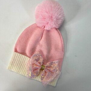 GIRLS Pink Glitter Bow Pom Pom Beenie
